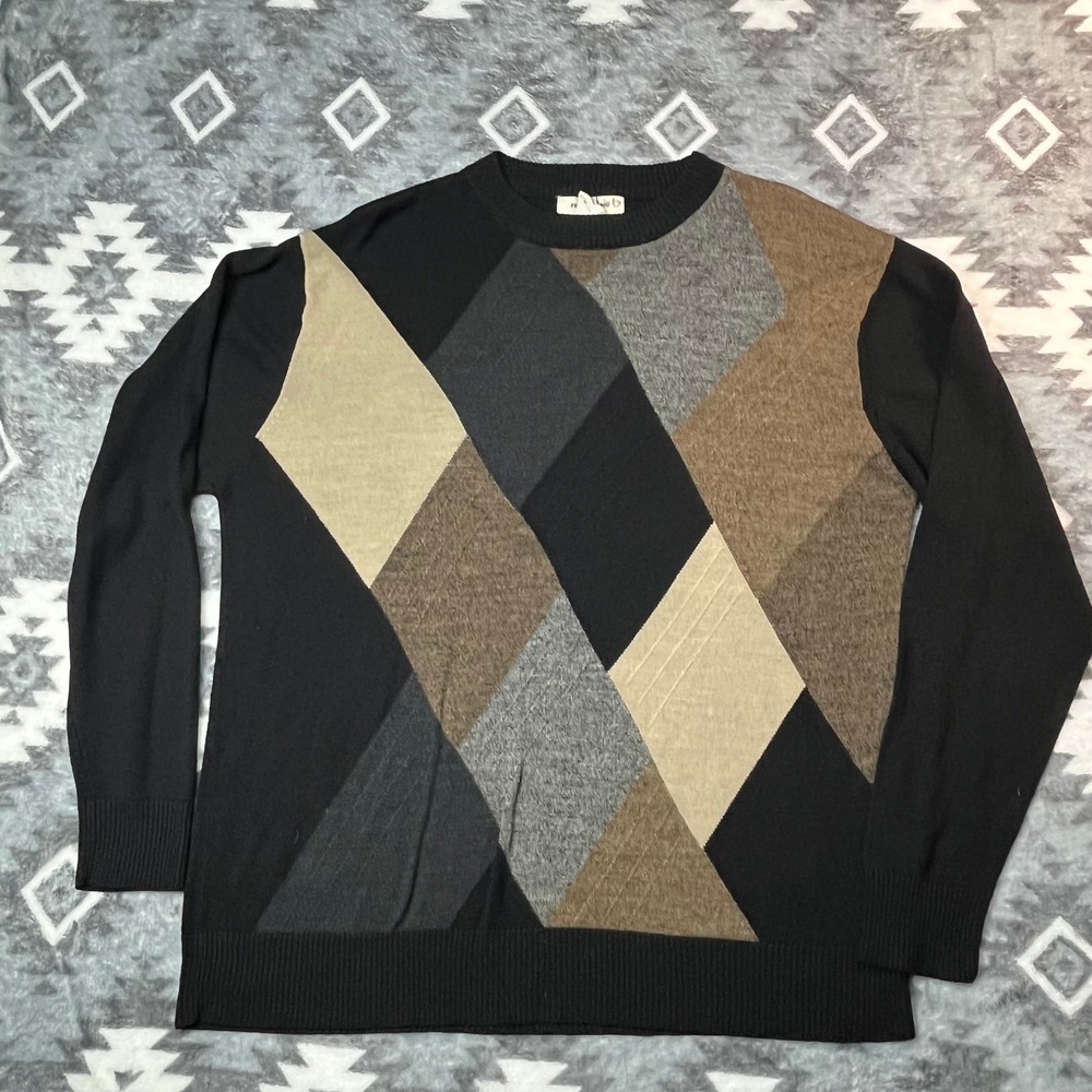 Pronto Uomo Argyle Diamond Knit Sweater Black Tan Grey XL Mens Pullover